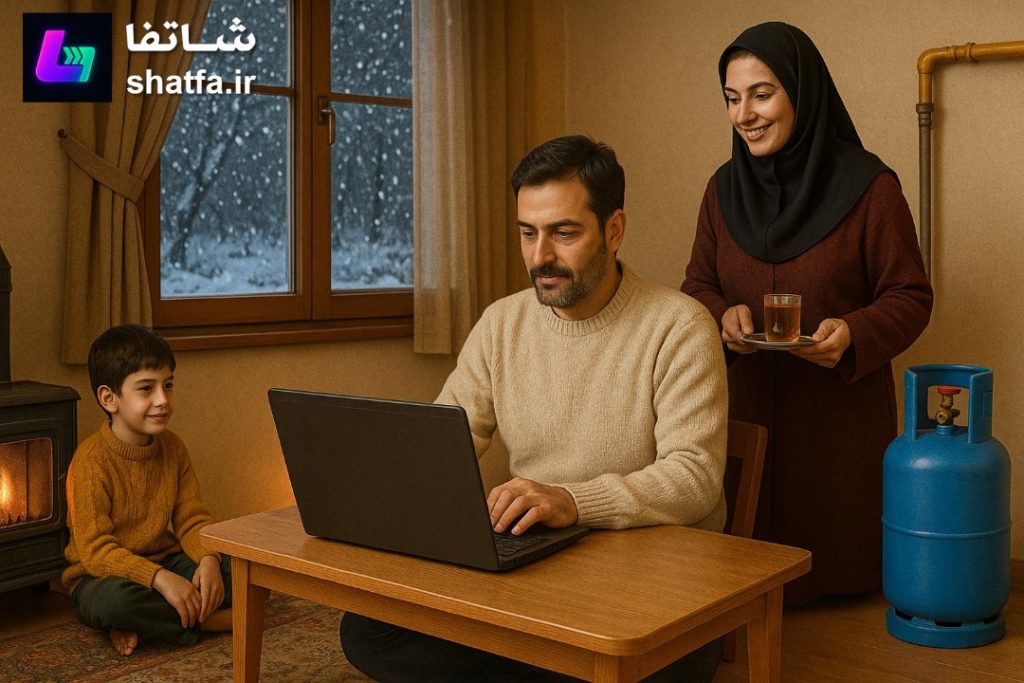 خانواده ایرانی در حال ثبت‌نام اینترنتی سهمیه گاز در خانه‌ای روستایی با حضور کپسول گاز