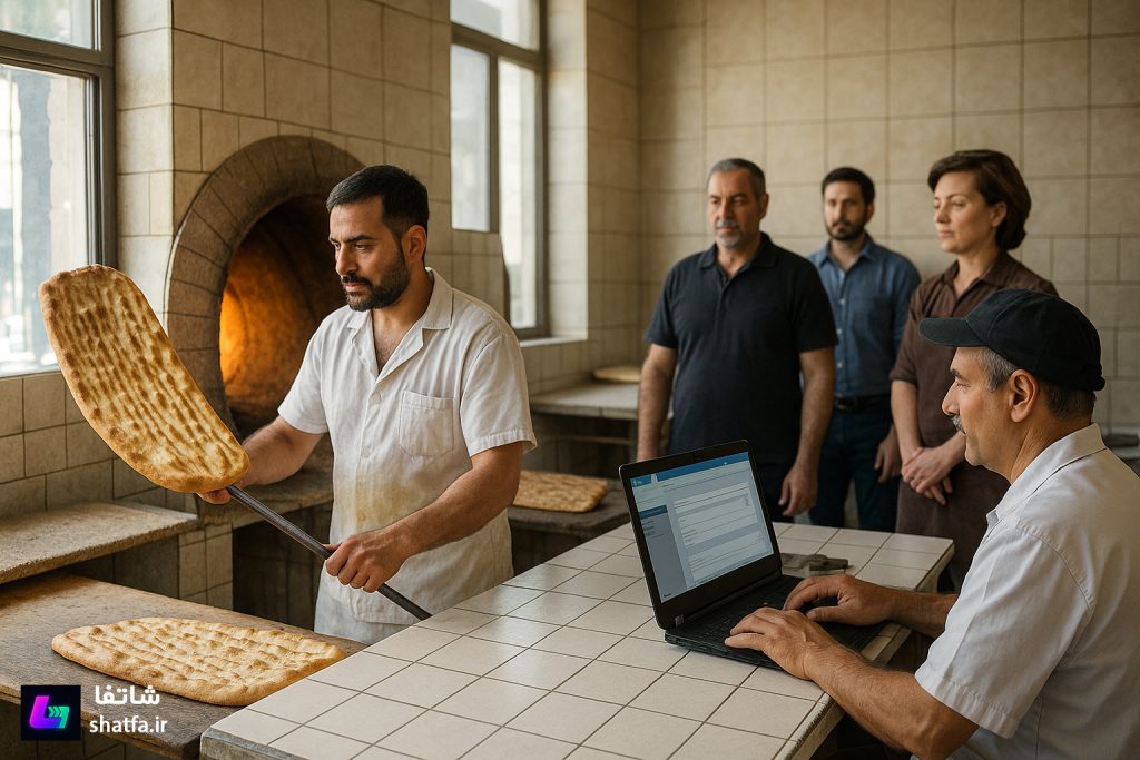 نانوایی سنتی با نانوا و مشتریان صنفی در حال ثبت‌نام سهمیه نان