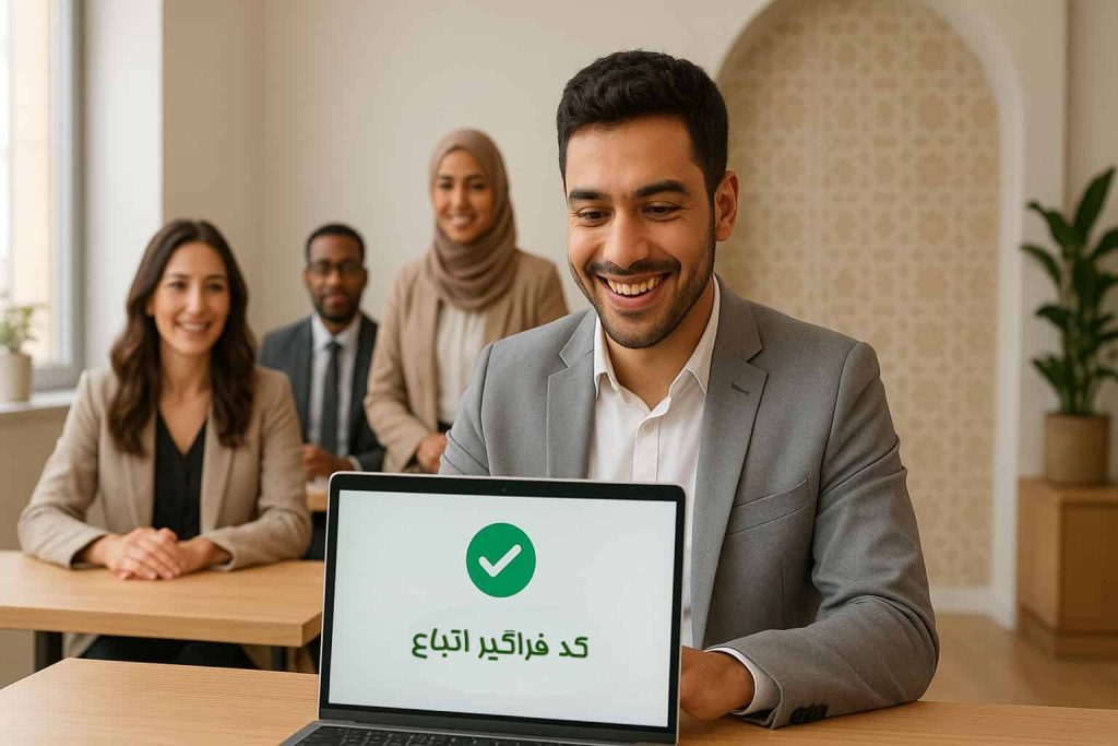 کد فراگیر اتباع چیست و چگونه آن را دریافت کنیم؟ 4 یک تبعه خارجی در حال دریافت کد فراگیر خود به صورت آنلاین با لبخند رضایت بر روی لپتاپ