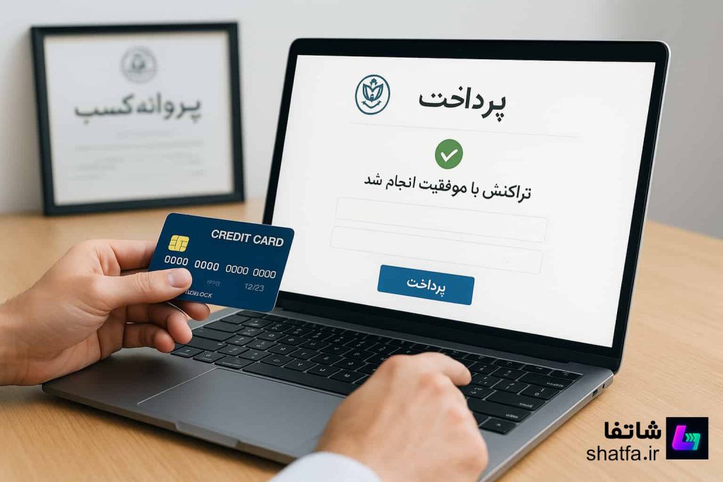 حق عضویت اصناف 1404: مبلغ، نحوه پرداخت و قوانین 1 فردی در حال پرداخت آنلاین حق عضویت اصناف با کارت بانکی از طریق لپتاپ